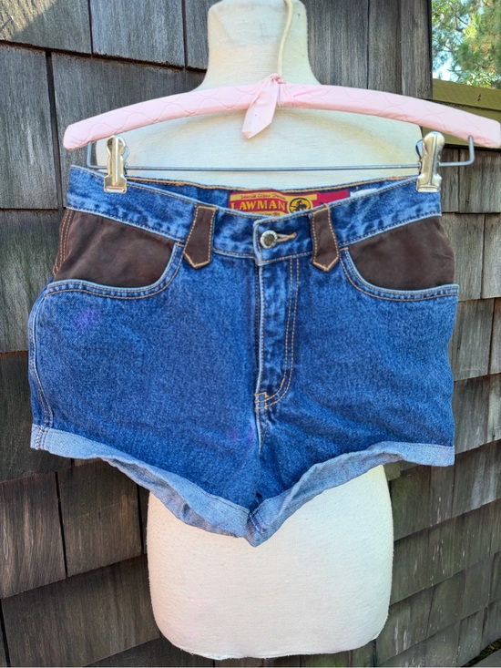 Lawman Western Pants - Vintage Lawman Western  shorts blue jean brown faux suede pockets Sz 3 XS.